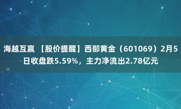 海越互赢 【股价提醒】西部黄金（601069）2月5日收盘跌5.59%，主力净流出2.78亿元